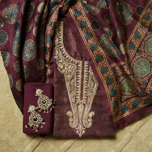 - Javer Tussar Silk Ajrak Print & Zardosi Work Unstitched Suit Set