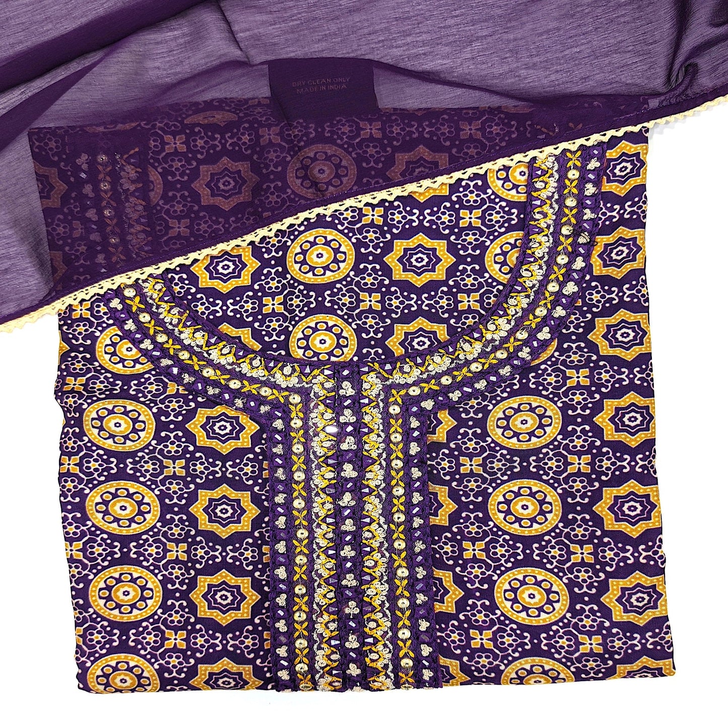 Javer Unstitched Suit Set for Women - Muslin Ajrak print with Mirror work