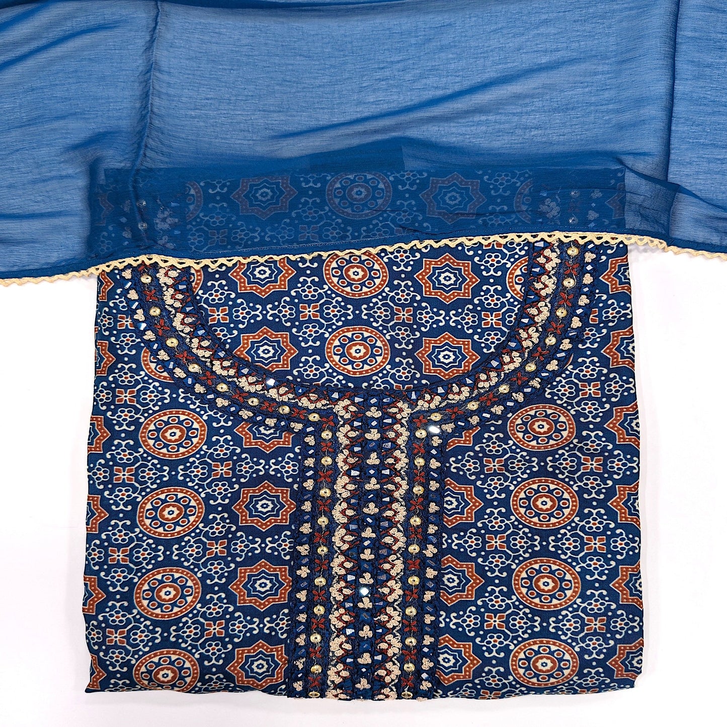 Javer Unstitched Suit Set for Women - Muslin Ajrak print with Mirror work