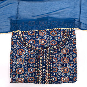 - Javer Unstitched Suit Set for Women - Muslin Ajrak print with Mirror work
