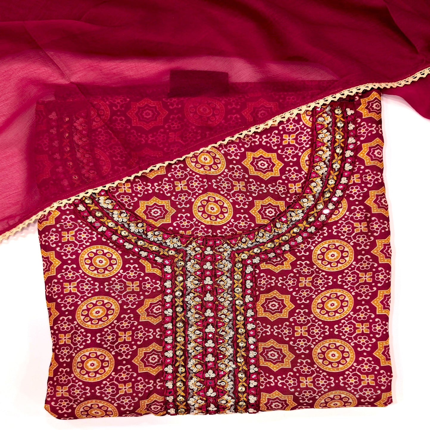Javer Unstitched Suit Set for Women - Muslin Ajrak print with Mirror work