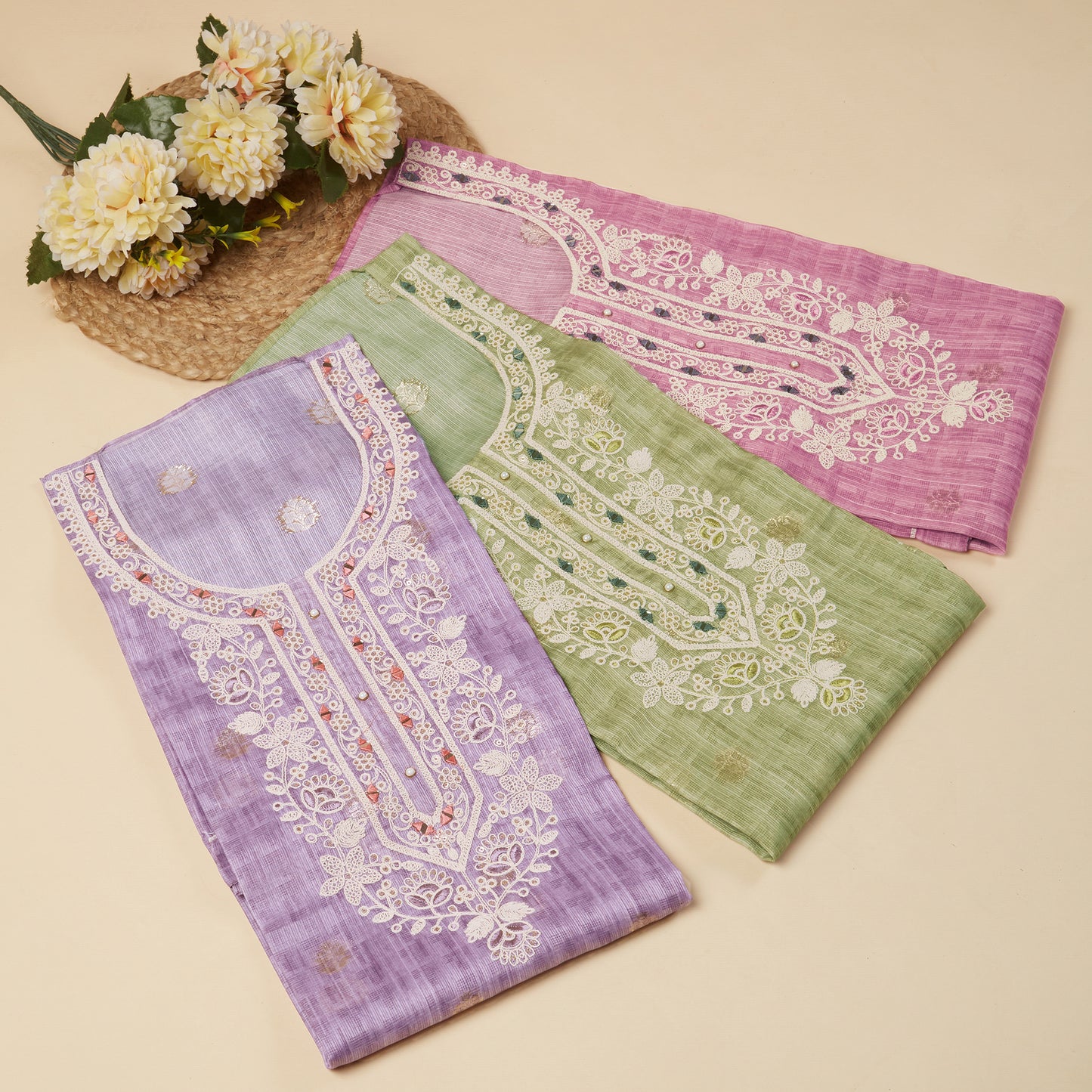 Javer Kota Silk Mirror & Floral Thread Work Unstitched 3pcs Suit Set for Women