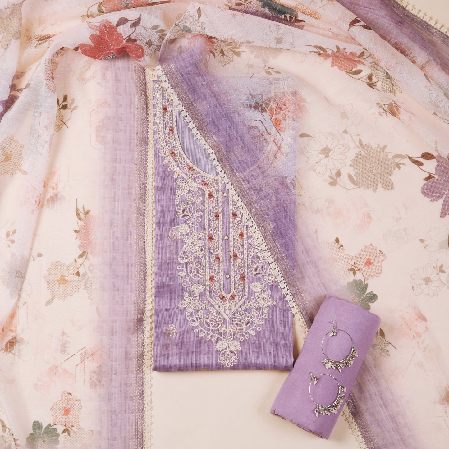 Javer Kota Silk Mirror & Floral Thread Work Unstitched 3pcs Suit Set for Women