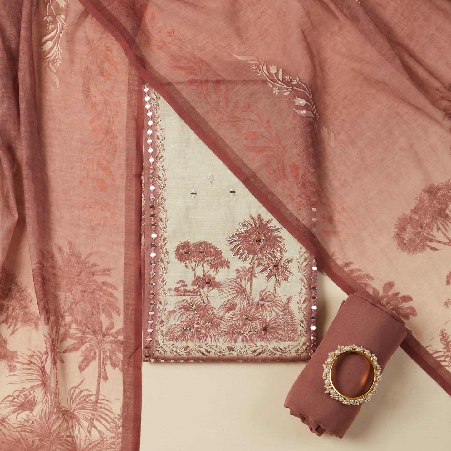 Javer Scenic printed Chanderi Silk Pita & Mirror Hand Work Unstitched 3pcs Suit Set