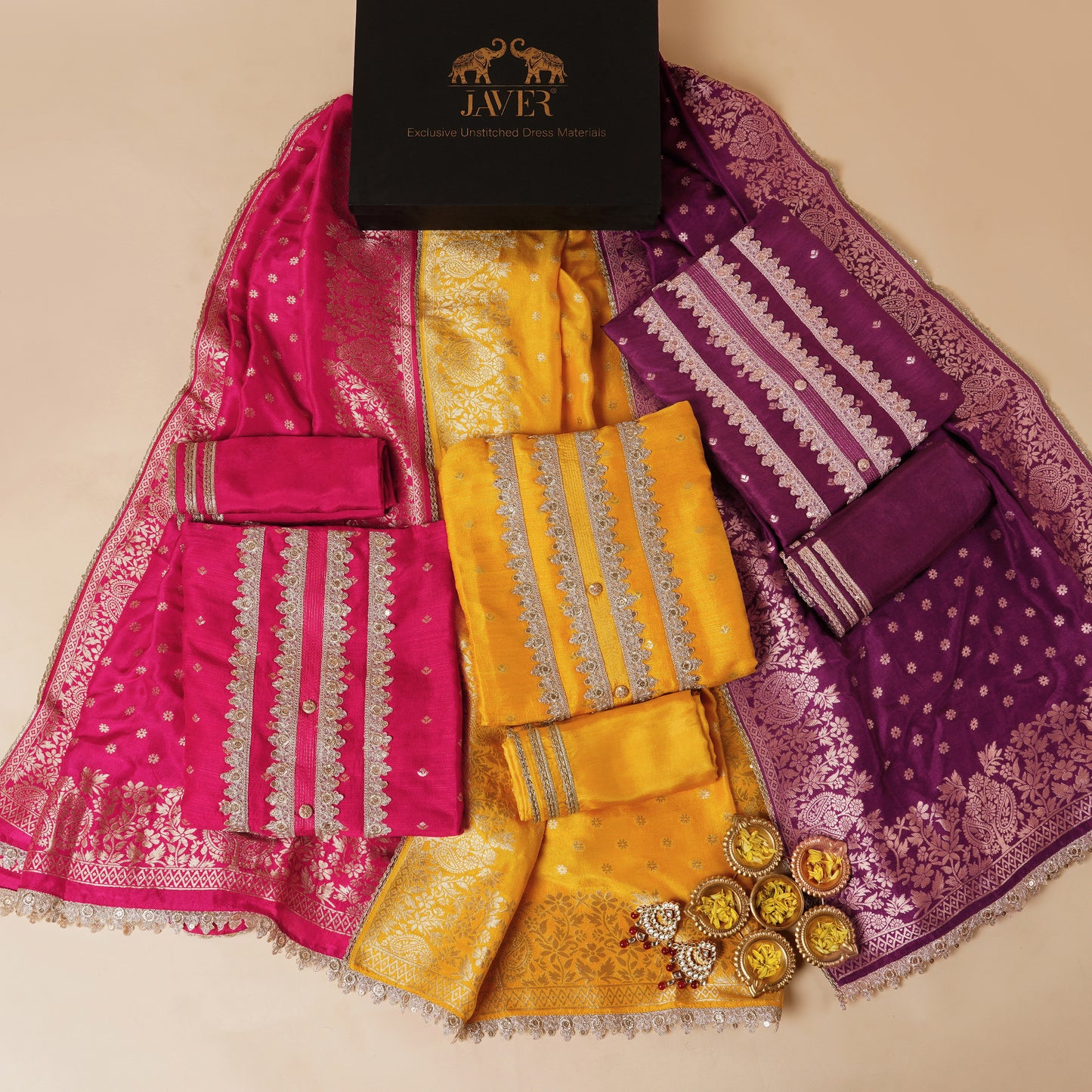 Javer Banarasi Silk Zardosi Work Unstitched Suit Set for Women