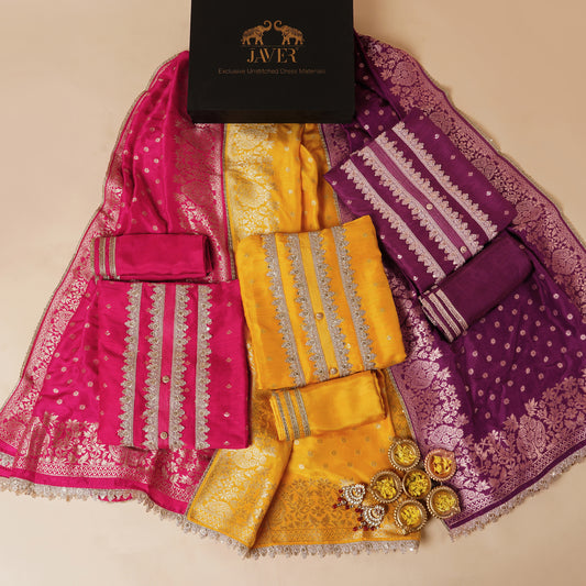 Javer Banarasi Silk Zardosi Work Unstitched Suit Set for Women