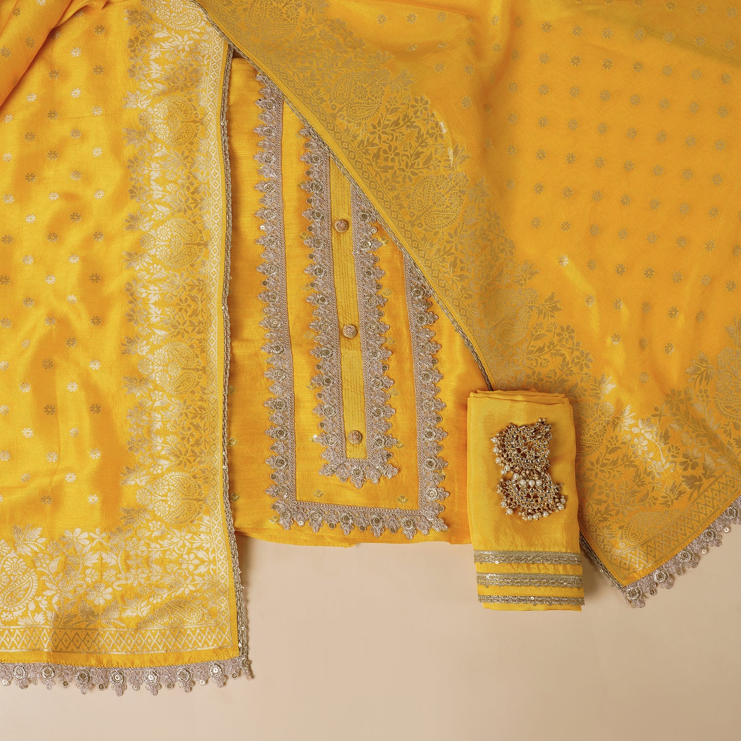 Javer Banarasi Silk Zardosi Work Unstitched Suit Set for Women