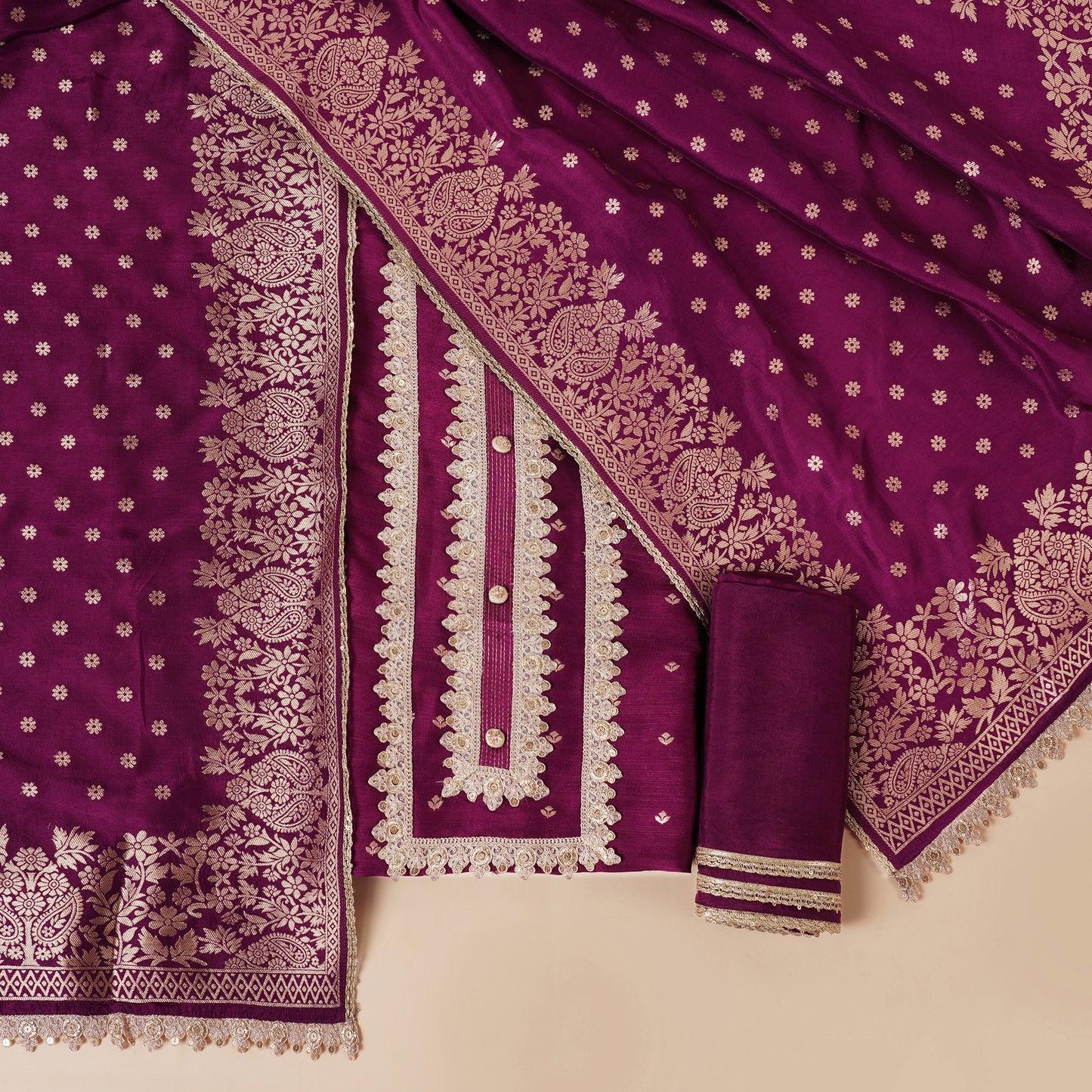Javer Banarasi Silk Zardosi Work Unstitched Suit Set for Women