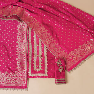 - Javer Banarasi Silk Zardosi Work Unstitched Suit Set for Women