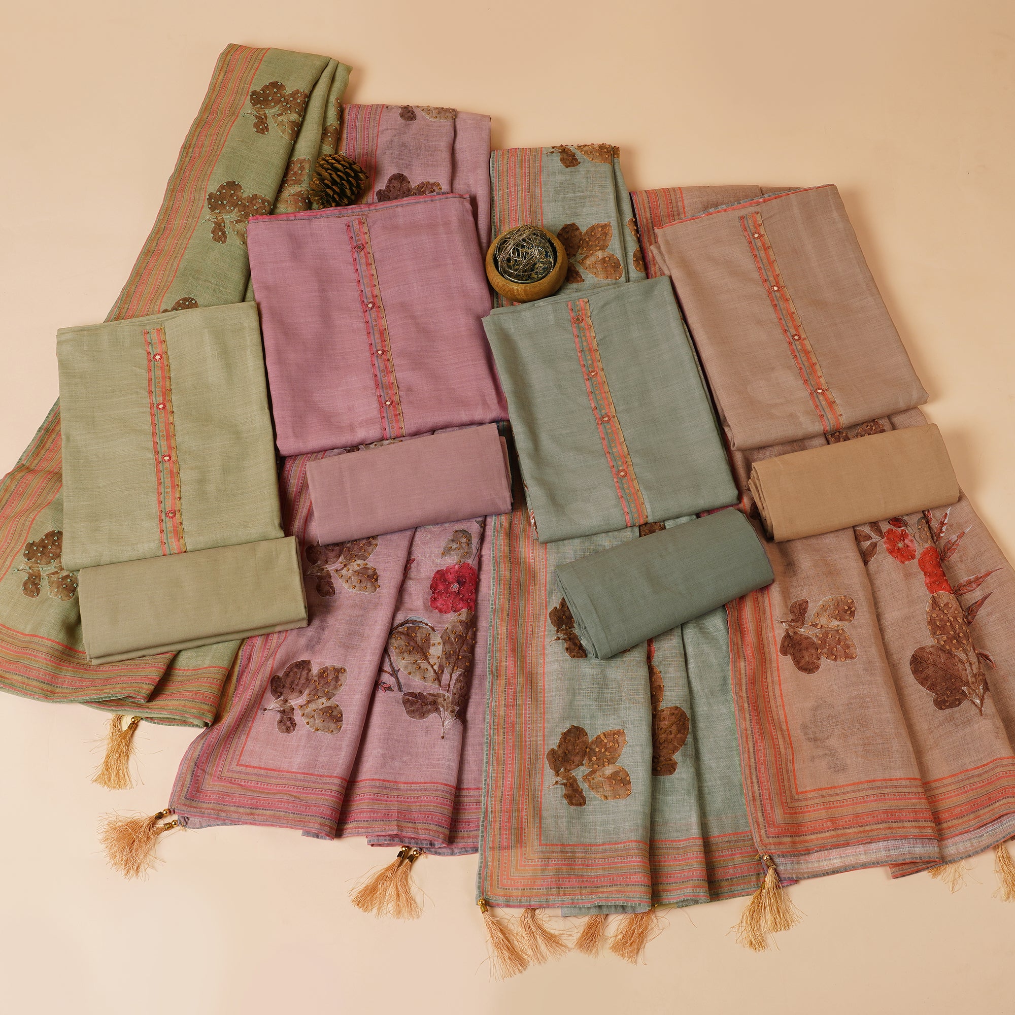 Javer Floral Linen Kantha hand embroidery & French knots Dress Material