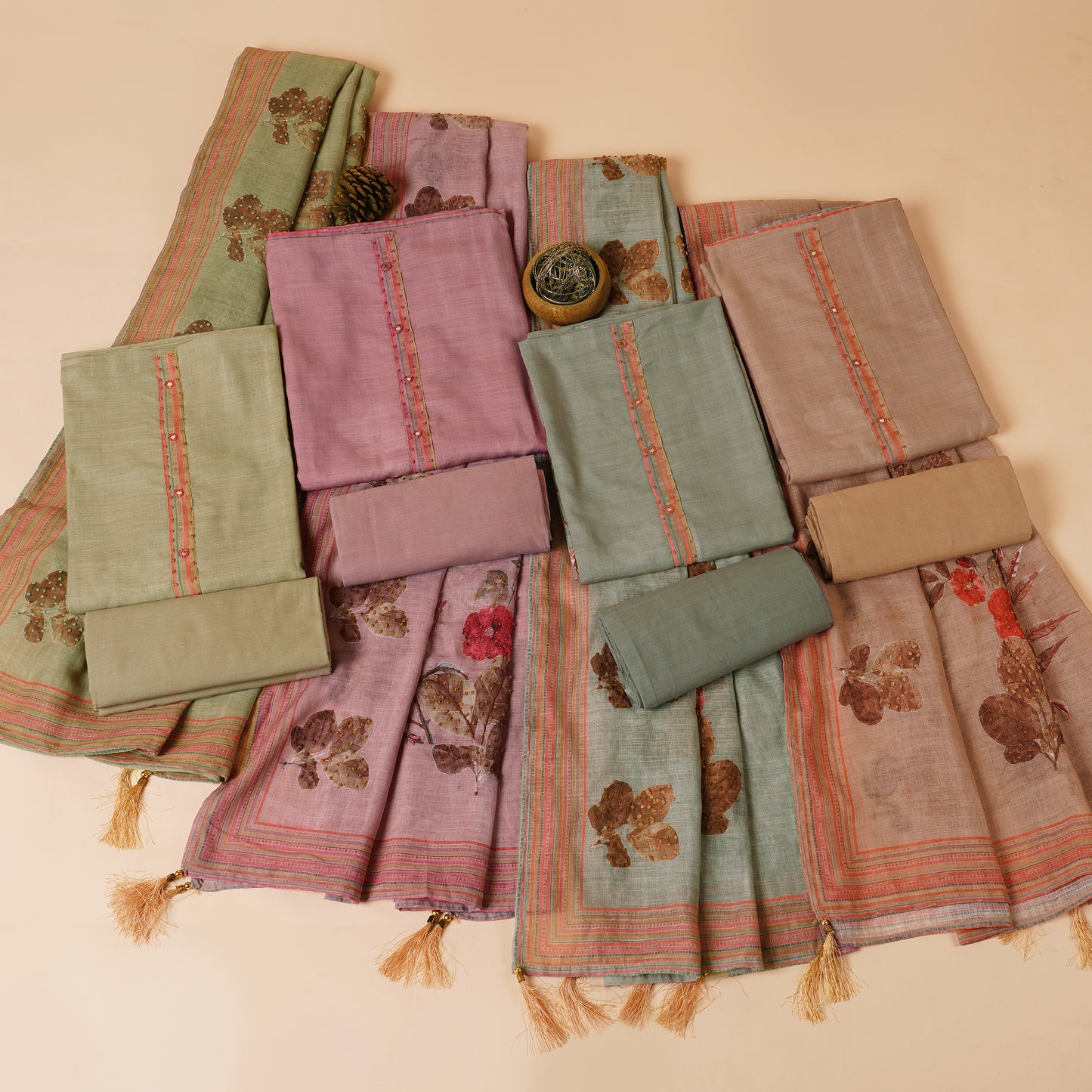 Javer Floral Linen Kantha hand embroidery & French knots Dress Material