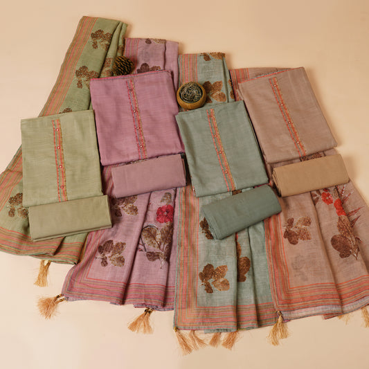 Javer Floral Linen Kantha hand embroidery & French knots Dress Material