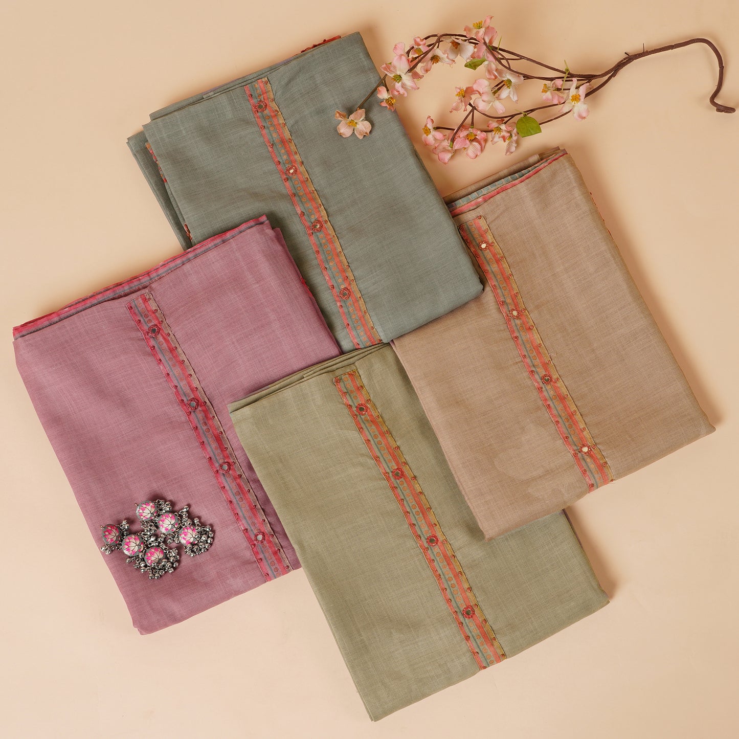 Javer Floral Linen Kantha hand embroidery & French knots Dress Material