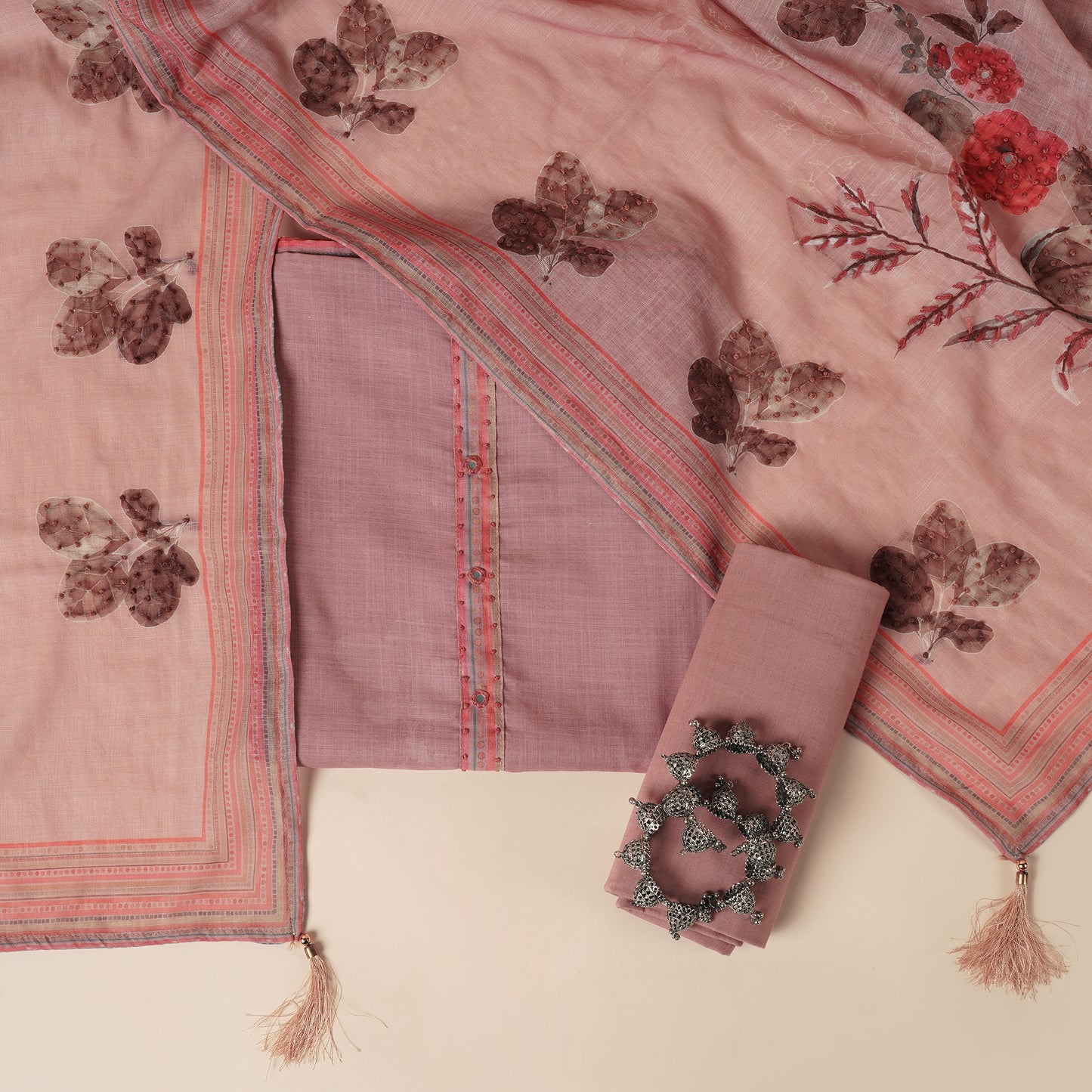 Javer Floral Linen Kantha hand embroidery & French knots Dress Material