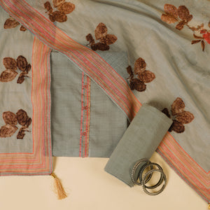 - Javer Floral Linen Kantha hand embroidery & French knots Dress Material