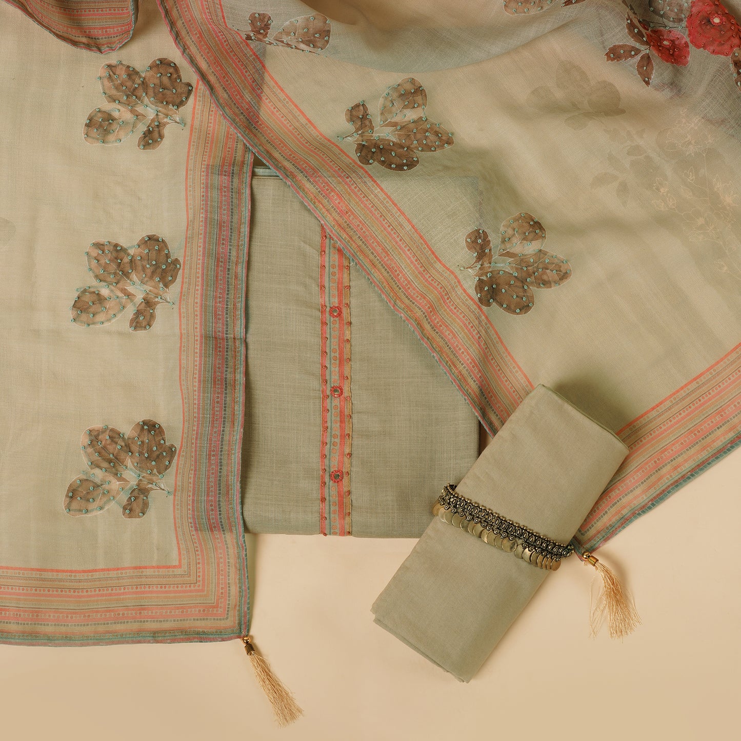 Javer Floral Linen Kantha hand embroidery & French knots Dress Material