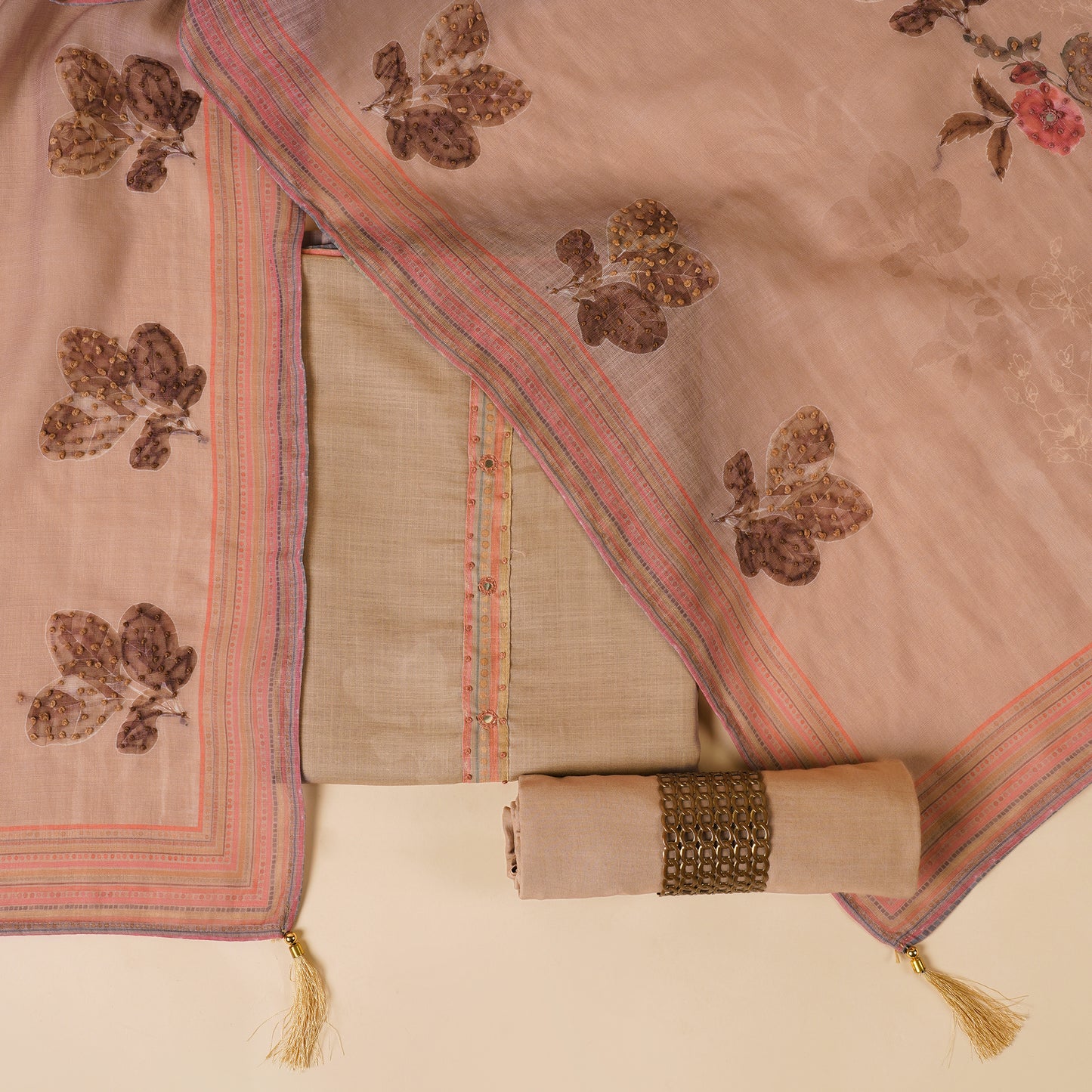 Javer Floral Linen Kantha hand embroidery & French knots Dress Material