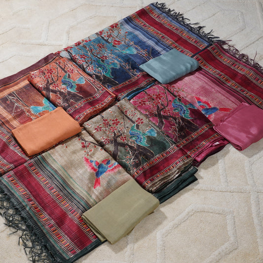 Javer Banarasi Silk Bird Print Pita Hand Work Dress Material for Women