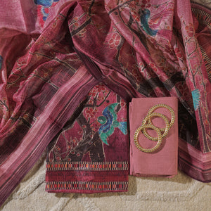- Javer Banarasi Silk Bird Print Pita Hand Work Dress Material for Women
