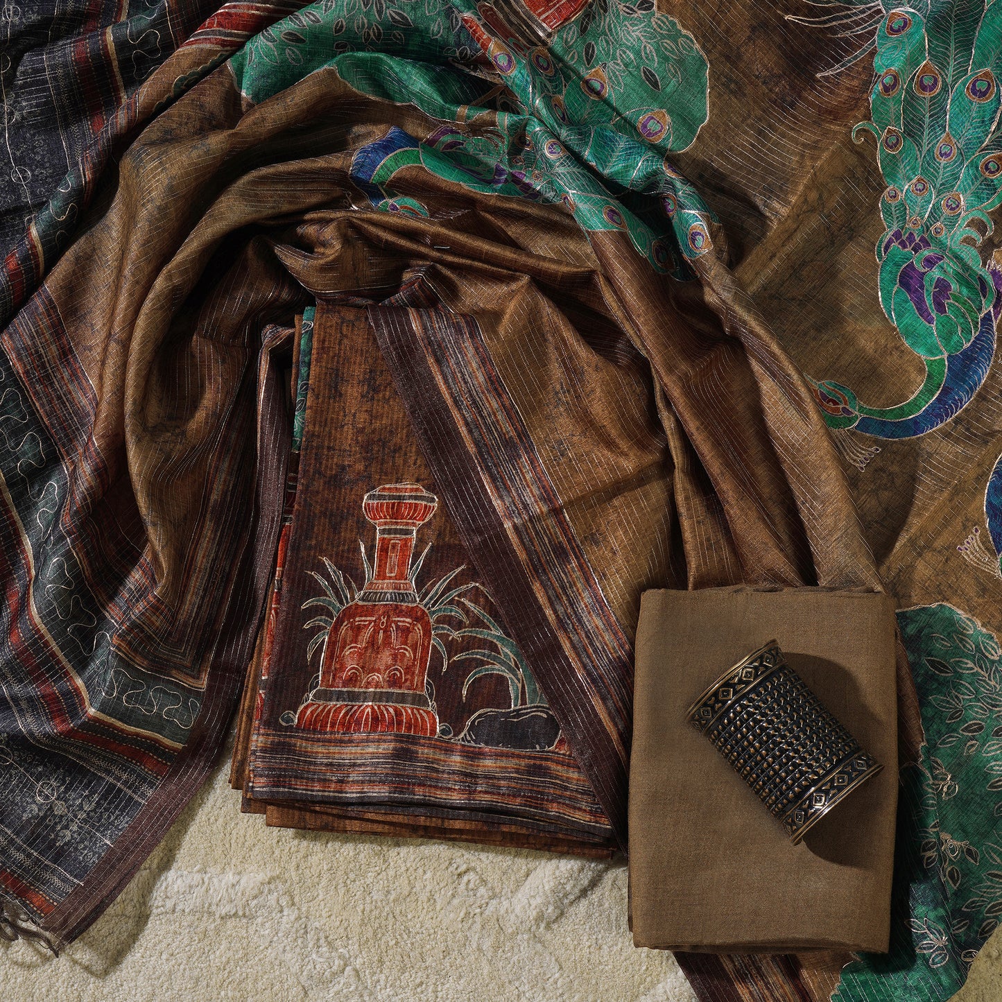Javer Banarasi Silk Peacock Pita Hand work Dress Material for Women