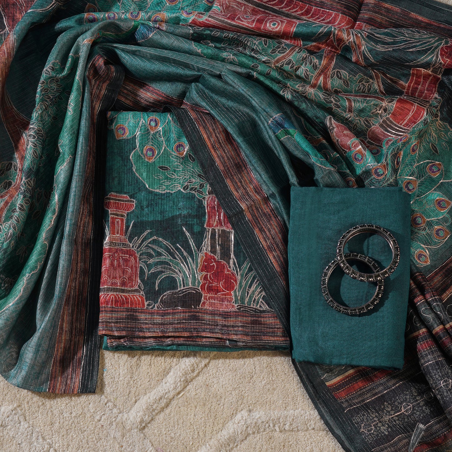 Javer Banarasi Silk Peacock Pita Hand work Dress Material for Women
