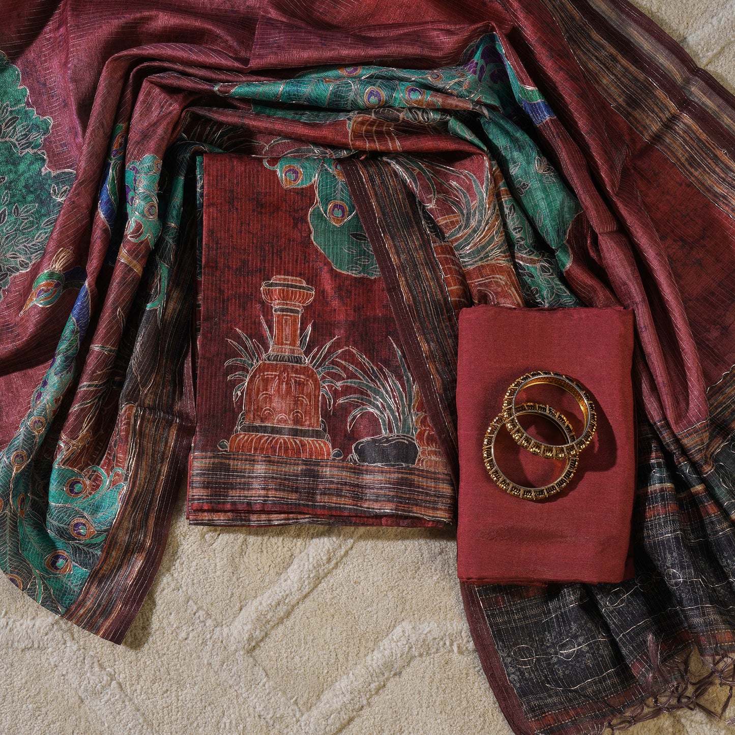 Javer Banarasi Silk Peacock Pita Hand work Dress Material for Women