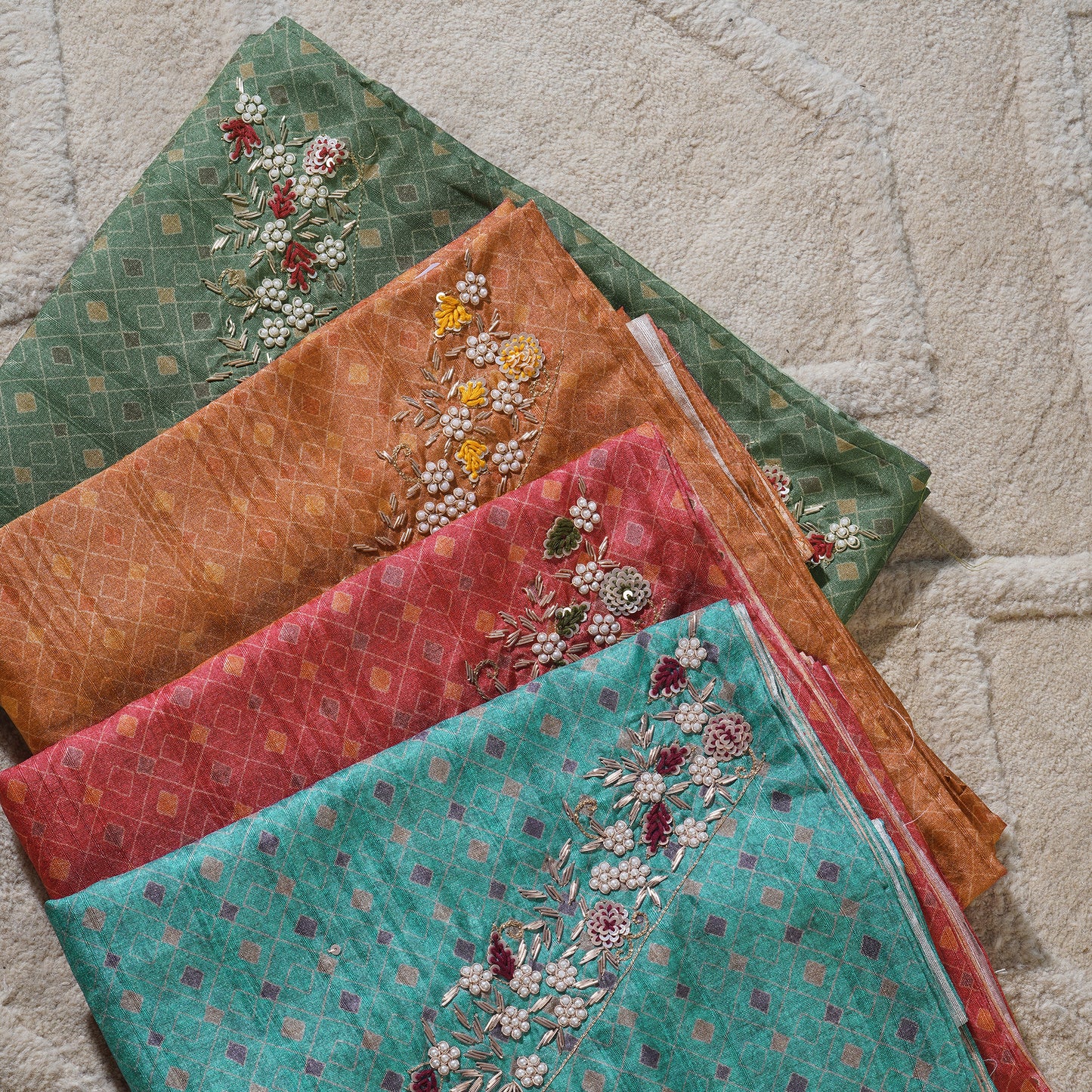 Chanderi Silk Floral Print Zardosi Work Unstitched Suit Set