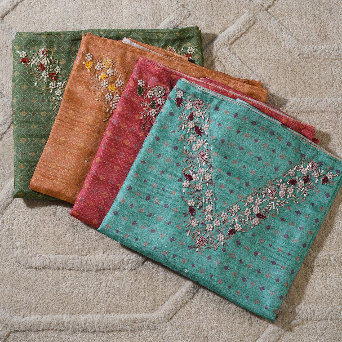 Chanderi Silk Floral Print Zardosi Work Unstitched Suit Set