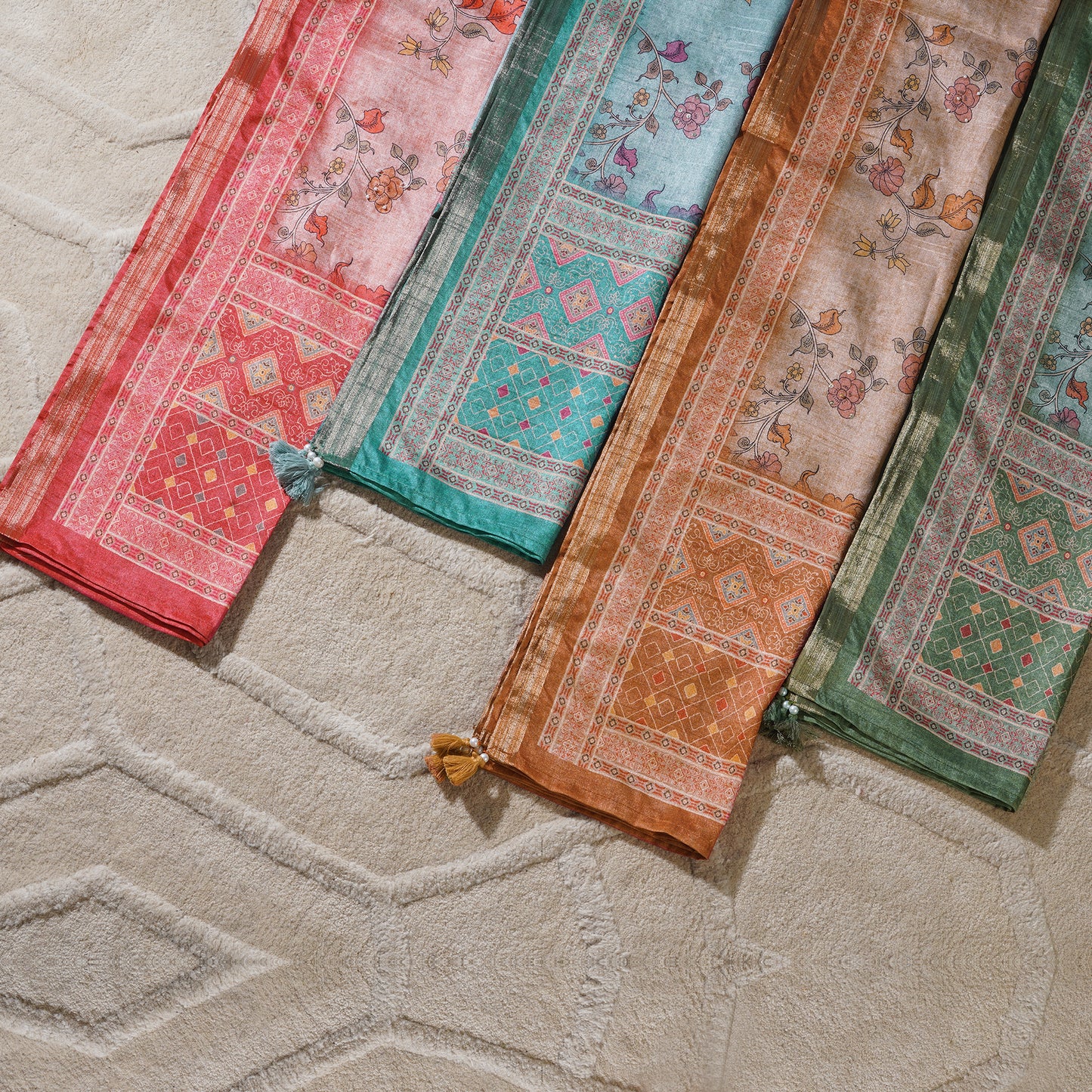 Chanderi Silk Floral Print Zardosi Work Unstitched Suit Set