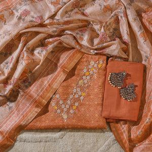 - Chanderi Silk Floral Print Zardosi Work Unstitched Suit Set