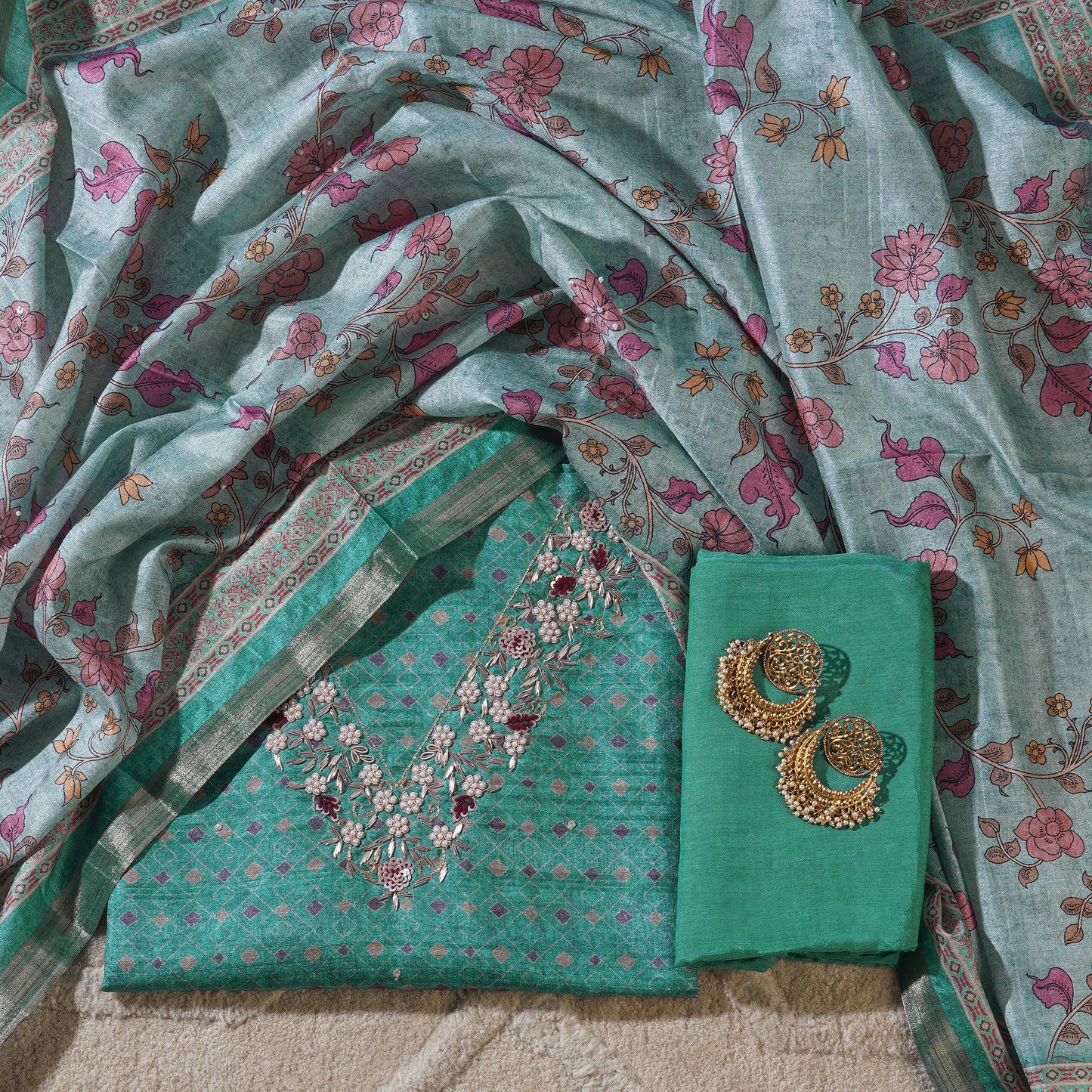 Chanderi Silk Floral Print Zardosi Work Unstitched Suit Set
