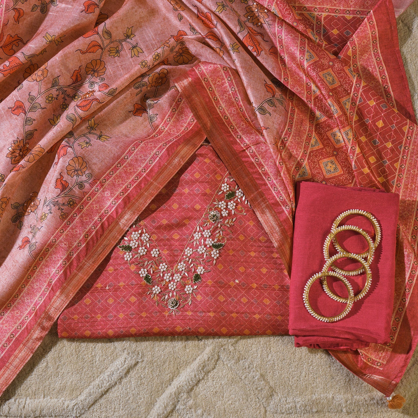 Chanderi Silk Floral Print Zardosi Work Unstitched Suit Set