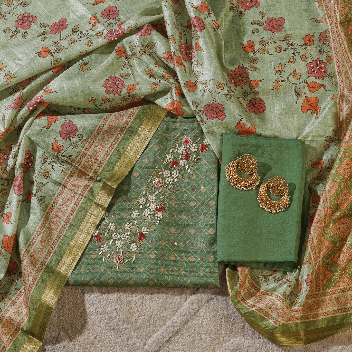 Chanderi Silk Floral Print Zardosi Work Unstitched Suit Set