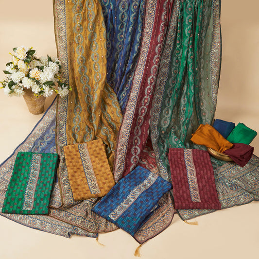 Javer Chanderi Silk Floral Kantha Work Unstitched Suit Set for Women