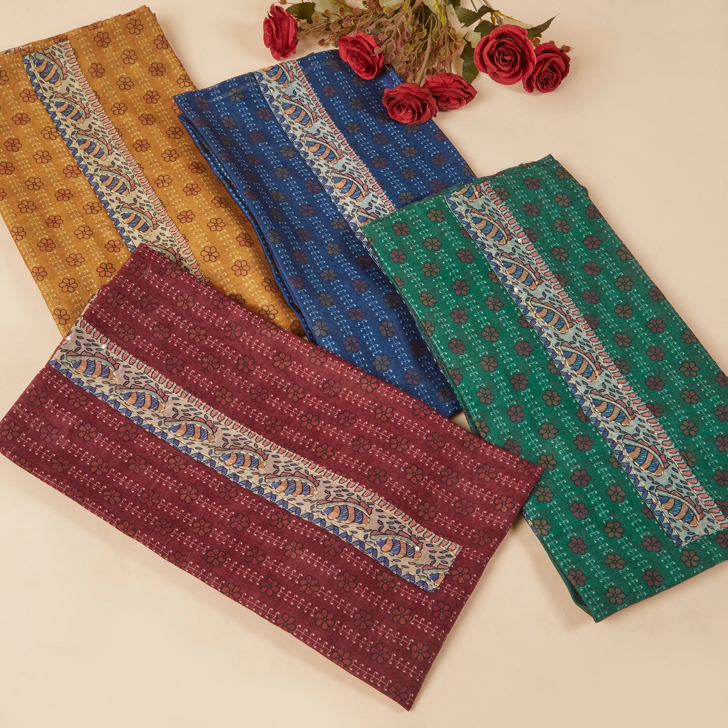 Javer Chanderi Silk Floral Kantha Work Unstitched Suit Set for Women
