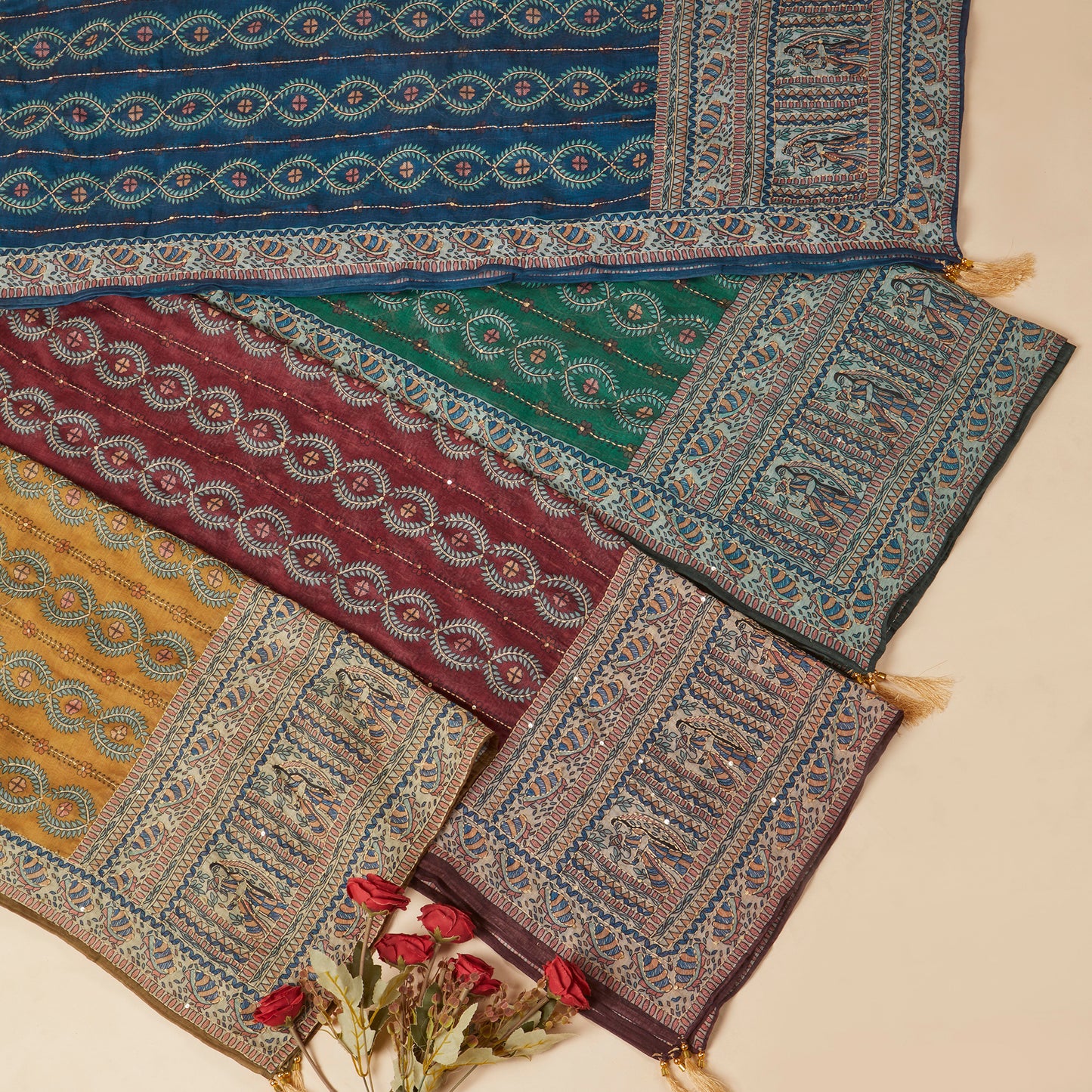 Javer Chanderi Silk Floral Kantha Work Unstitched Suit Set for Women