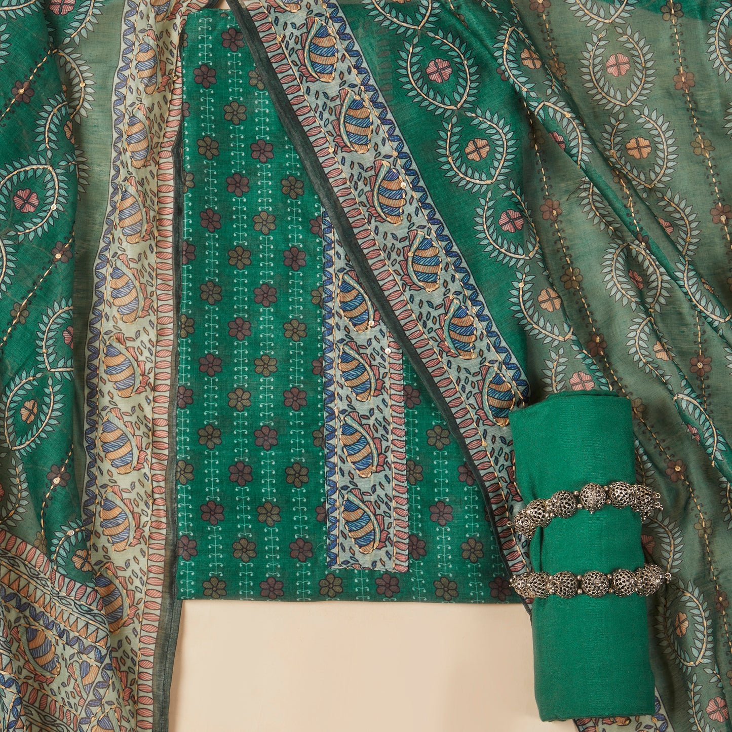 Javer Chanderi Silk Floral Kantha Work Unstitched Suit Set for Women