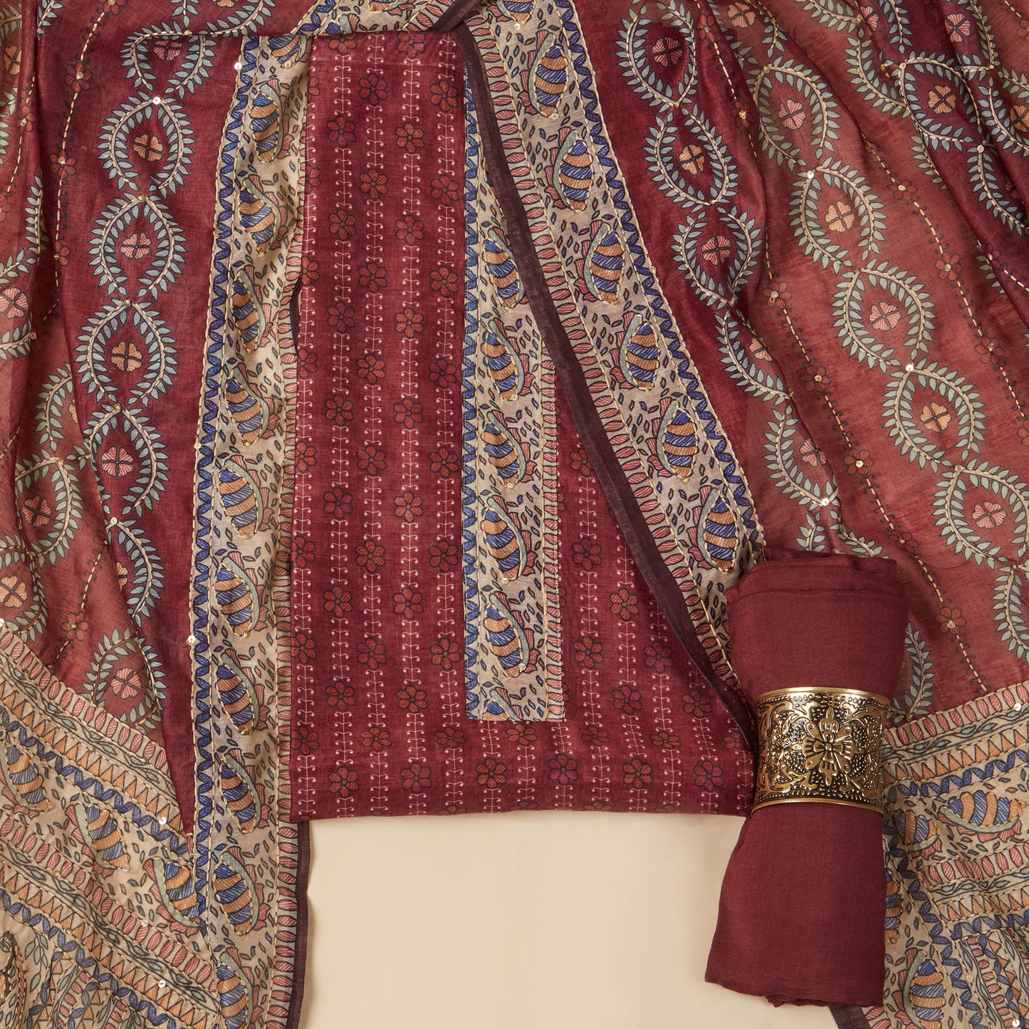 Javer Chanderi Silk Floral Kantha Work Unstitched Suit Set for Women