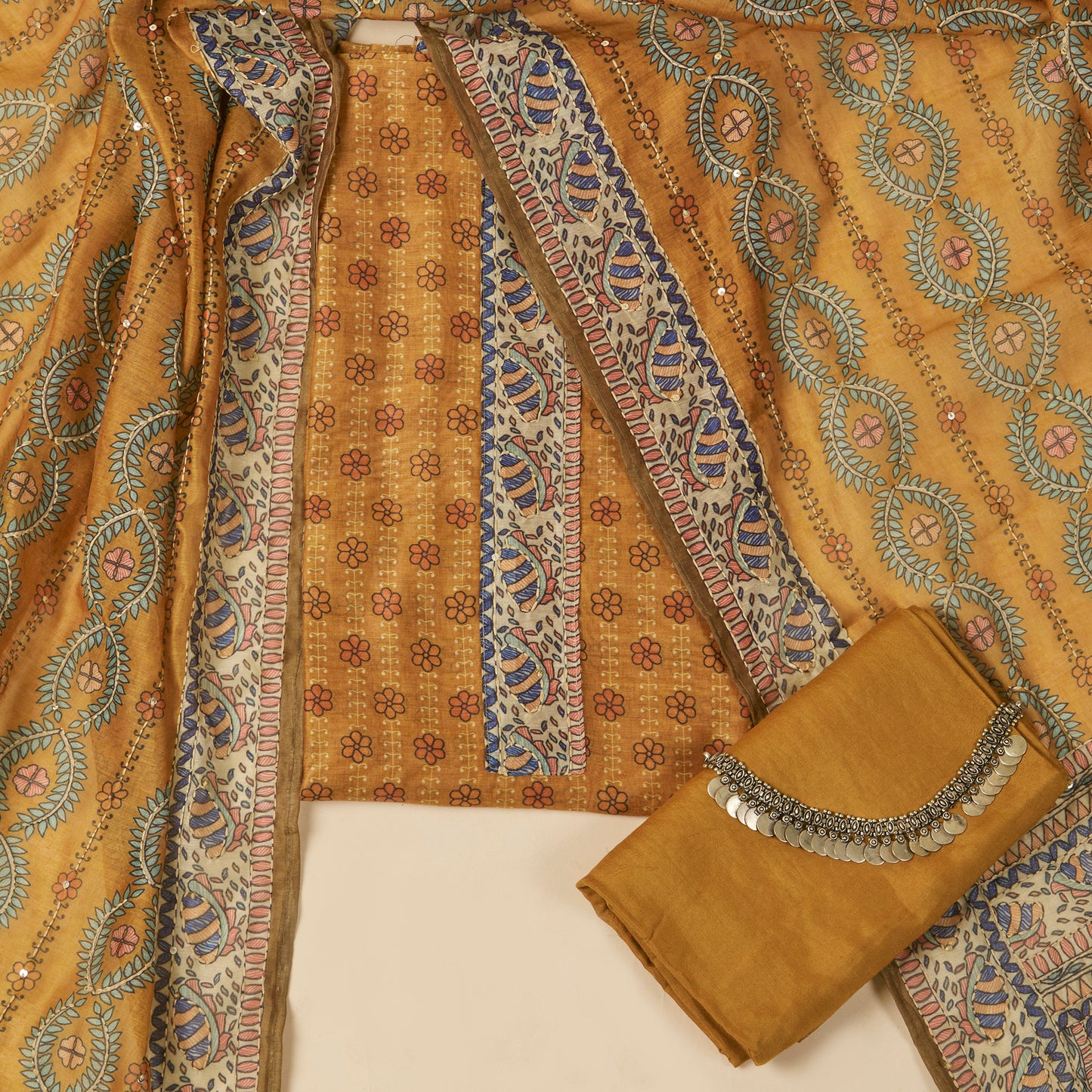 Javer Chanderi Silk Floral Kantha Work Unstitched Suit Set for Women