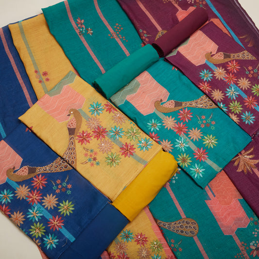 Javer Floral & Peacock Linen Floral French Knots Unstitched Suit Set for Women