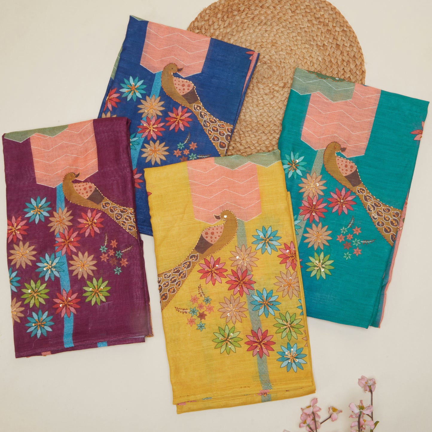 Javer Floral & Peacock Linen Floral French Knots Unstitched Suit Set for Women
