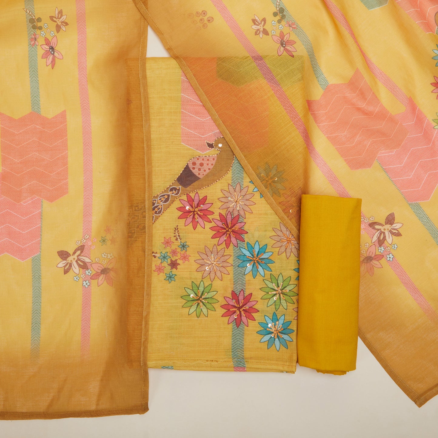 Javer Floral & Peacock Linen Floral French Knots Unstitched Suit Set for Women