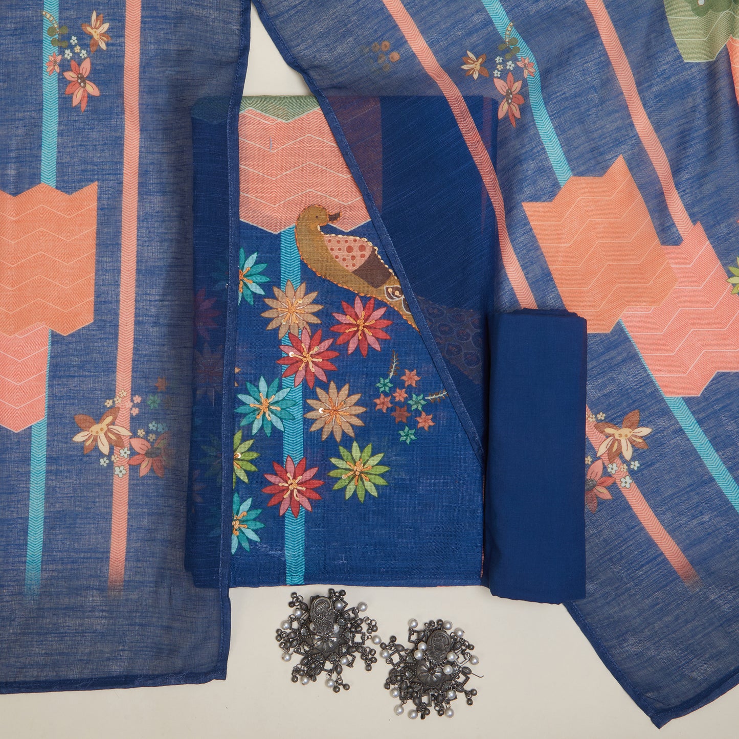 Javer Floral & Peacock Linen Floral French Knots Unstitched Suit Set for Women