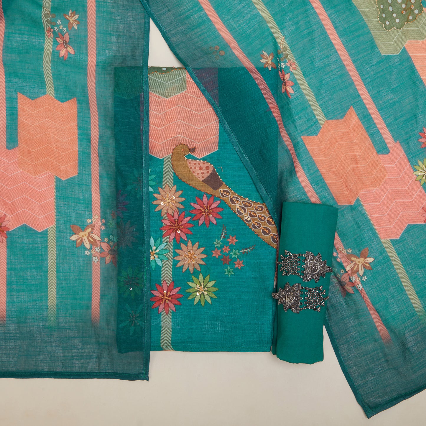 Javer Floral & Peacock Linen Floral French Knots Unstitched Suit Set for Women