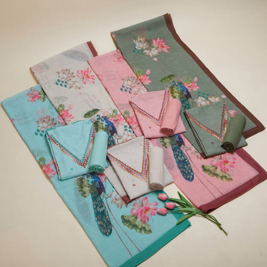 Javer Floral & Peacock Linen Floral French Knots Unstitched Suit Set for Women