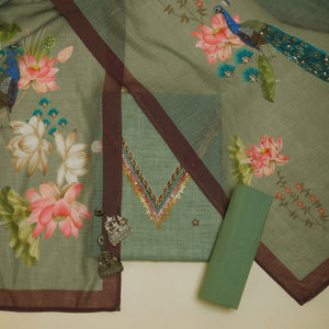 - Javer Floral & Peacock Linen Floral French Knots Unstitched Suit Set for Women