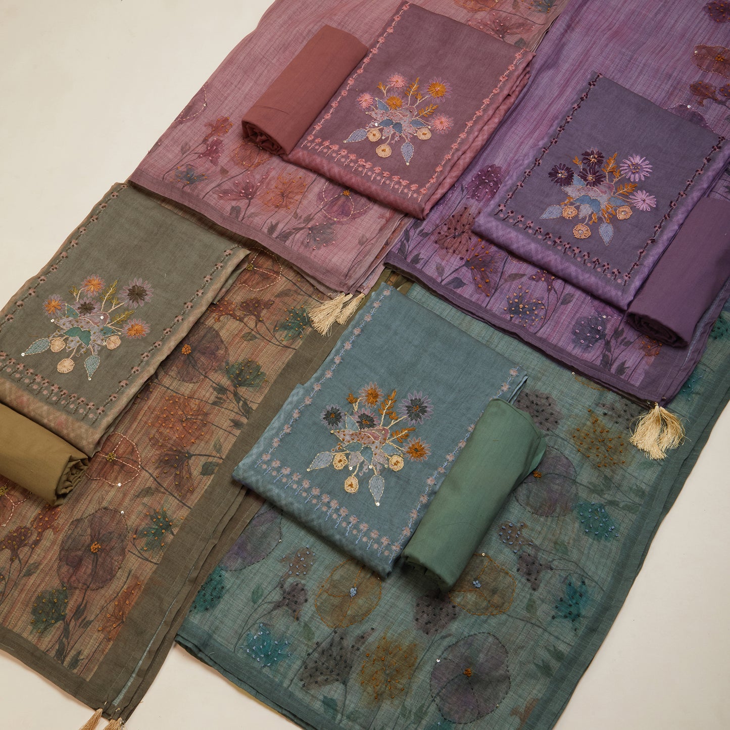 Javer Checkered Linen Kantha hand embroidery & French knots Dress Material