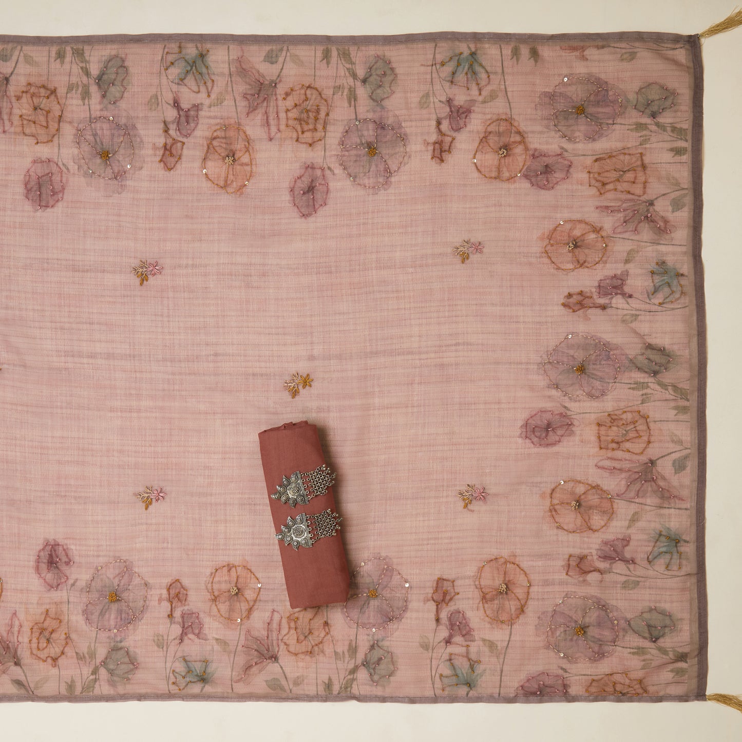 Javer Checkered Linen Kantha hand embroidery & French knots Dress Material