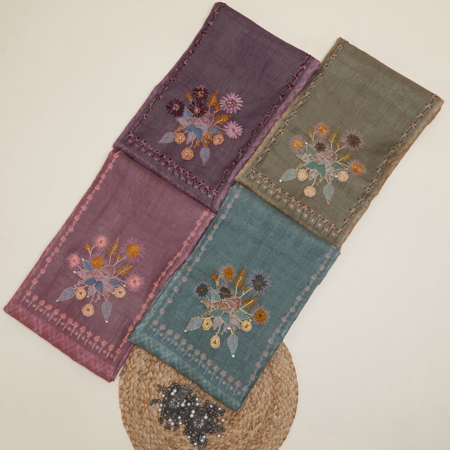 Javer Checkered Linen Kantha hand embroidery & French knots Dress Material