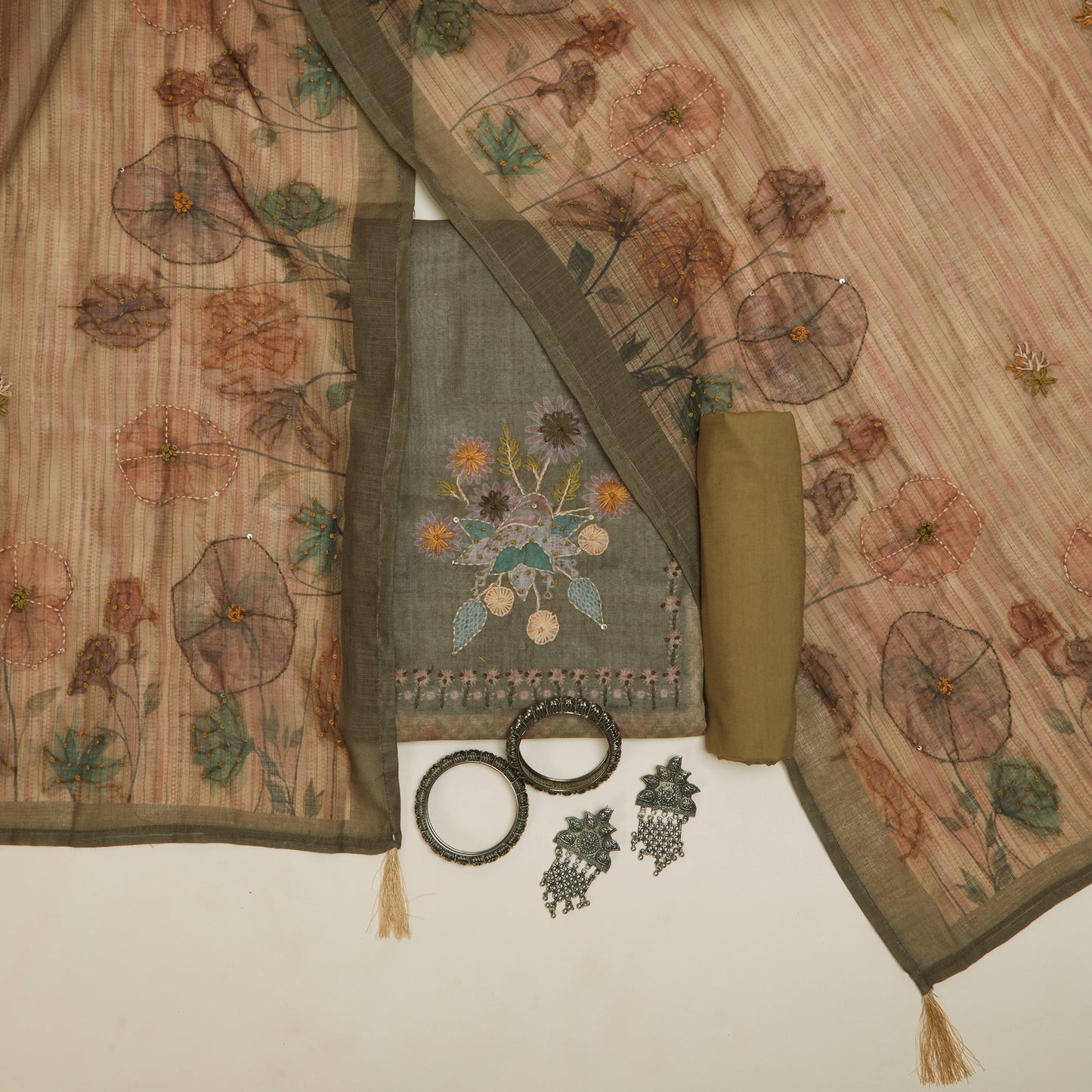 Javer Checkered Linen Kantha hand embroidery & French knots Dress Material